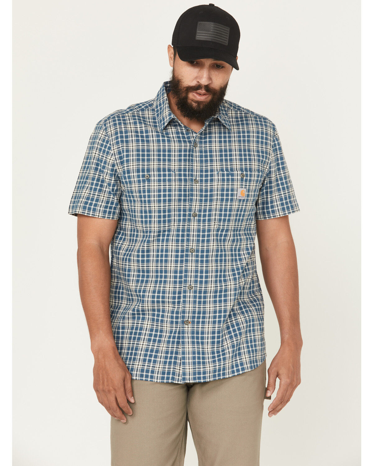 Image #1 - Carhartt Men's Rugged Flex&reg; Relaxed Fit Lightweight Plaid Print Short Sleeve Button-Down Work Shirt, Blue, hi-res