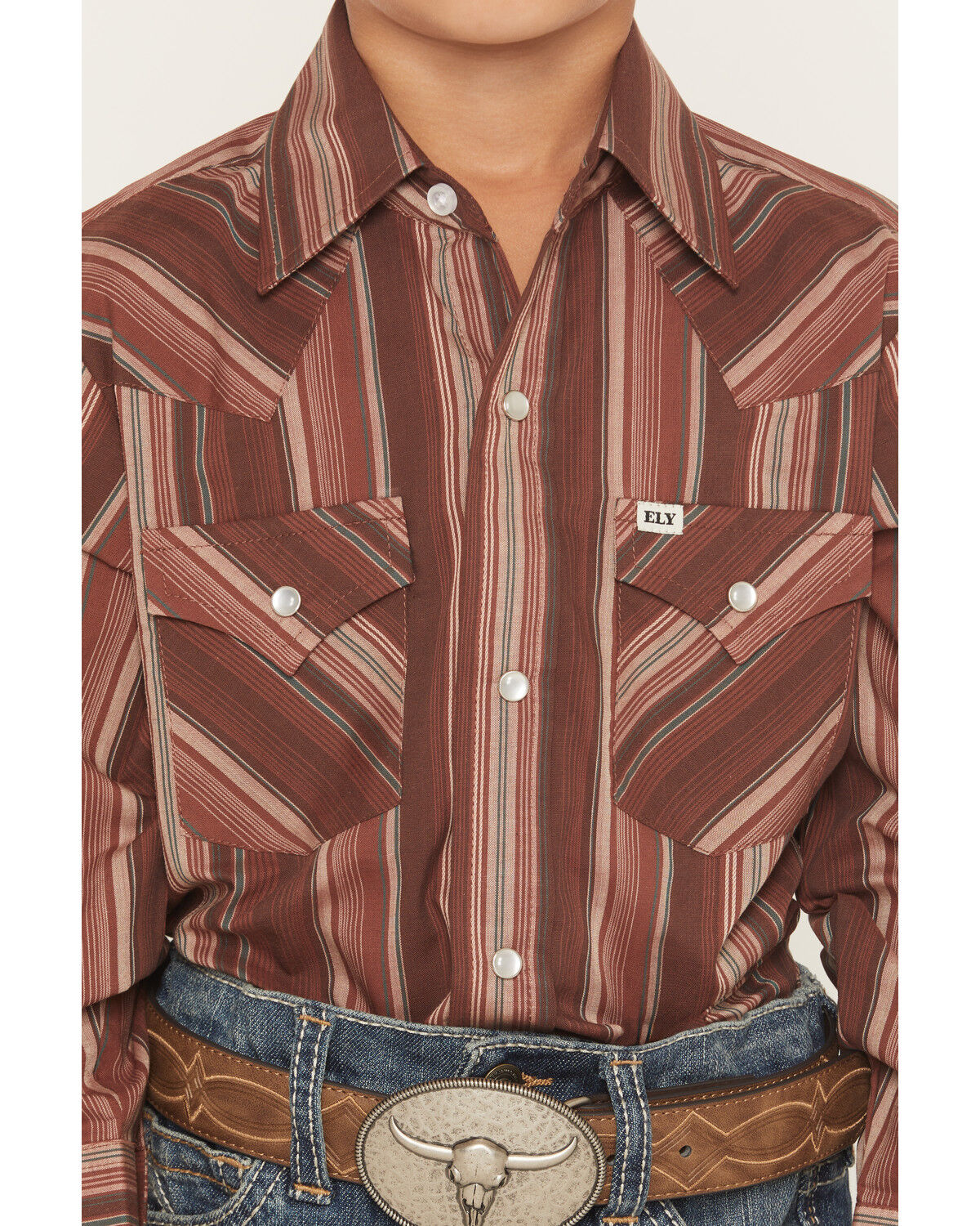 Image #3 - Ely Walker Boys' Striped Long Sleeve Pearl Snap Western Shirt, Burgundy, hi-res