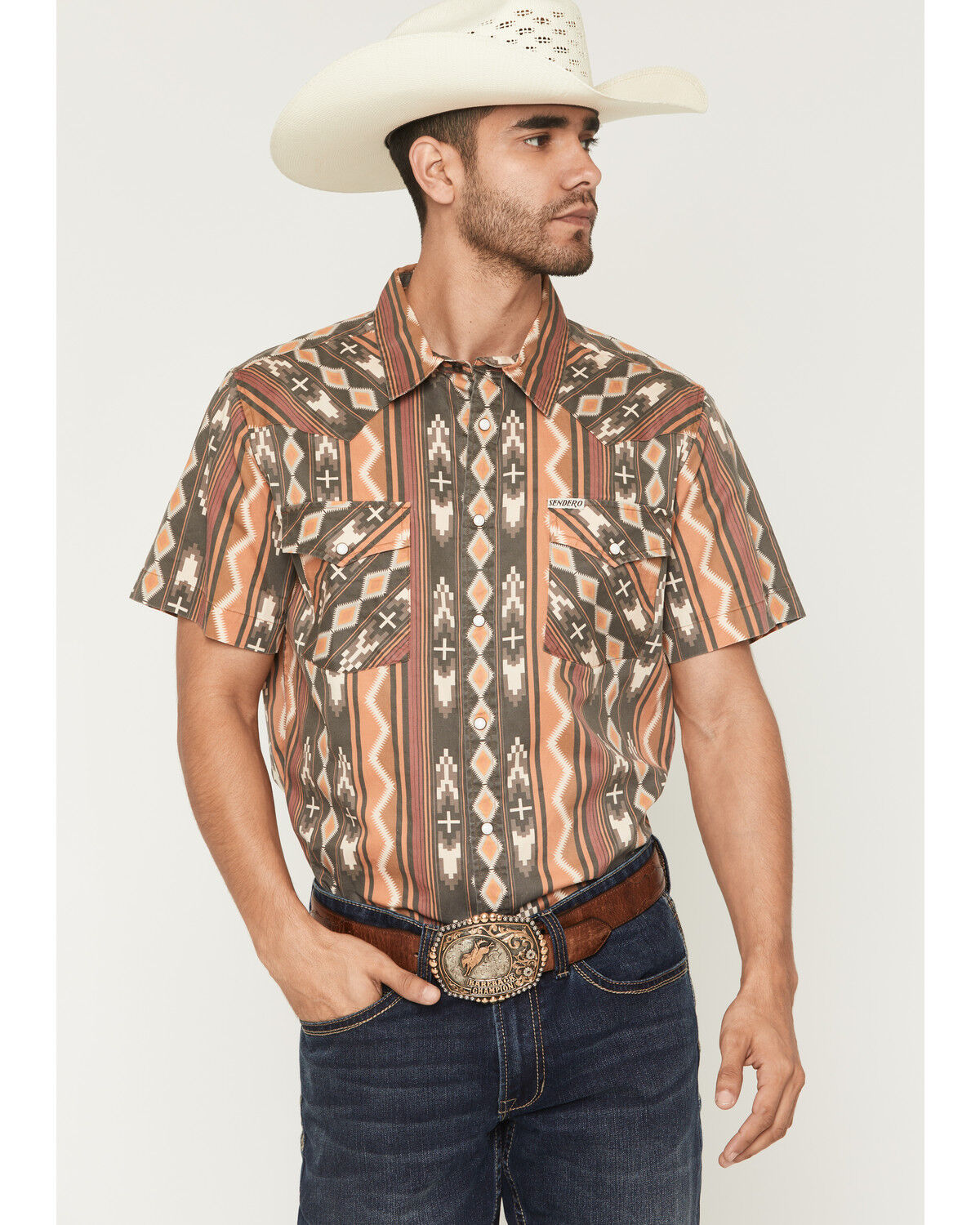 Image #1 - Sendero Men's The Wyatt Southwestern Print Short Sleeve Snap Western Shirt, Brown, hi-res