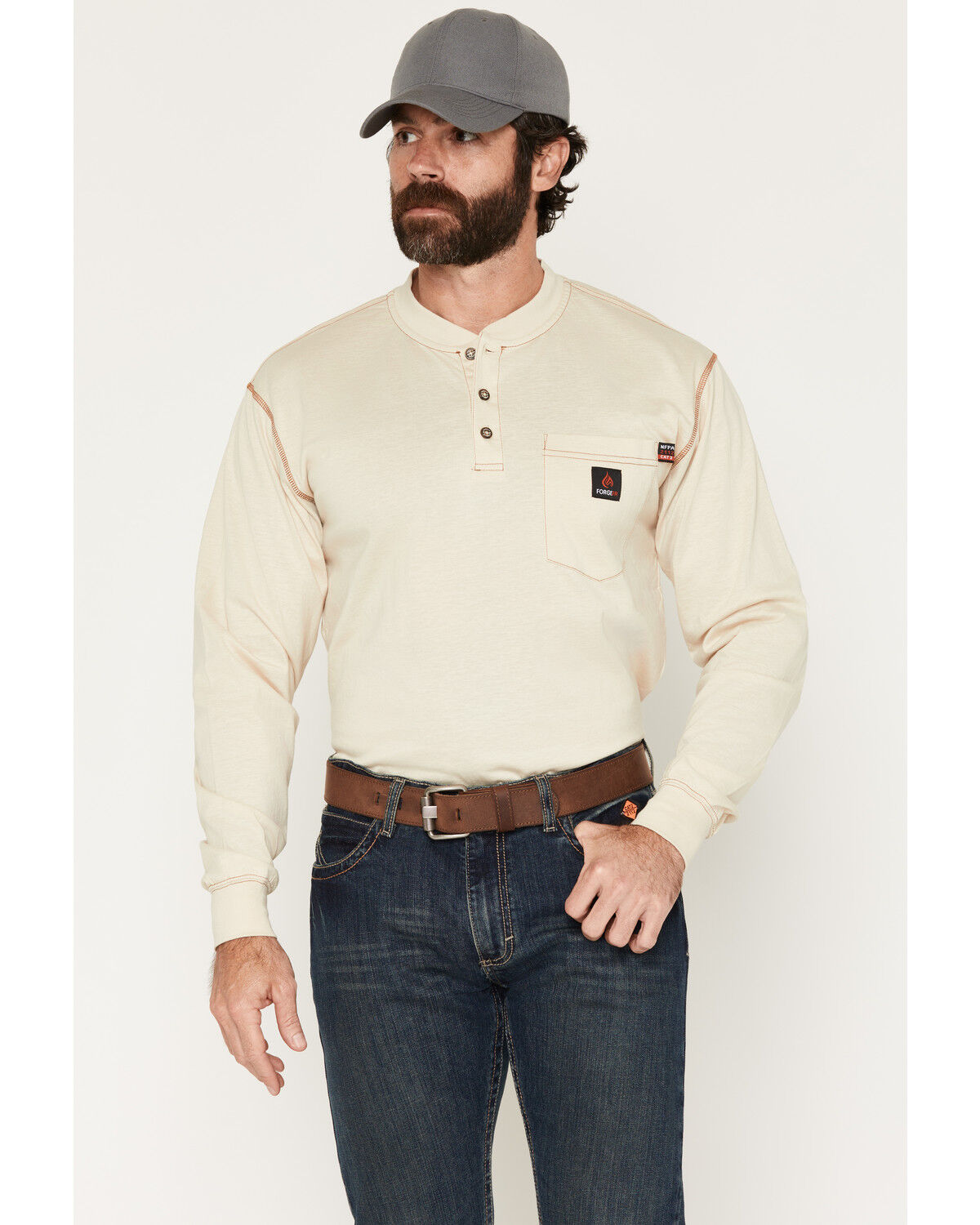 Forge Workwear Men's FR Solid Long Sleeve 1/4 Button-Down Henley Work Shirt, Sand, hi-res