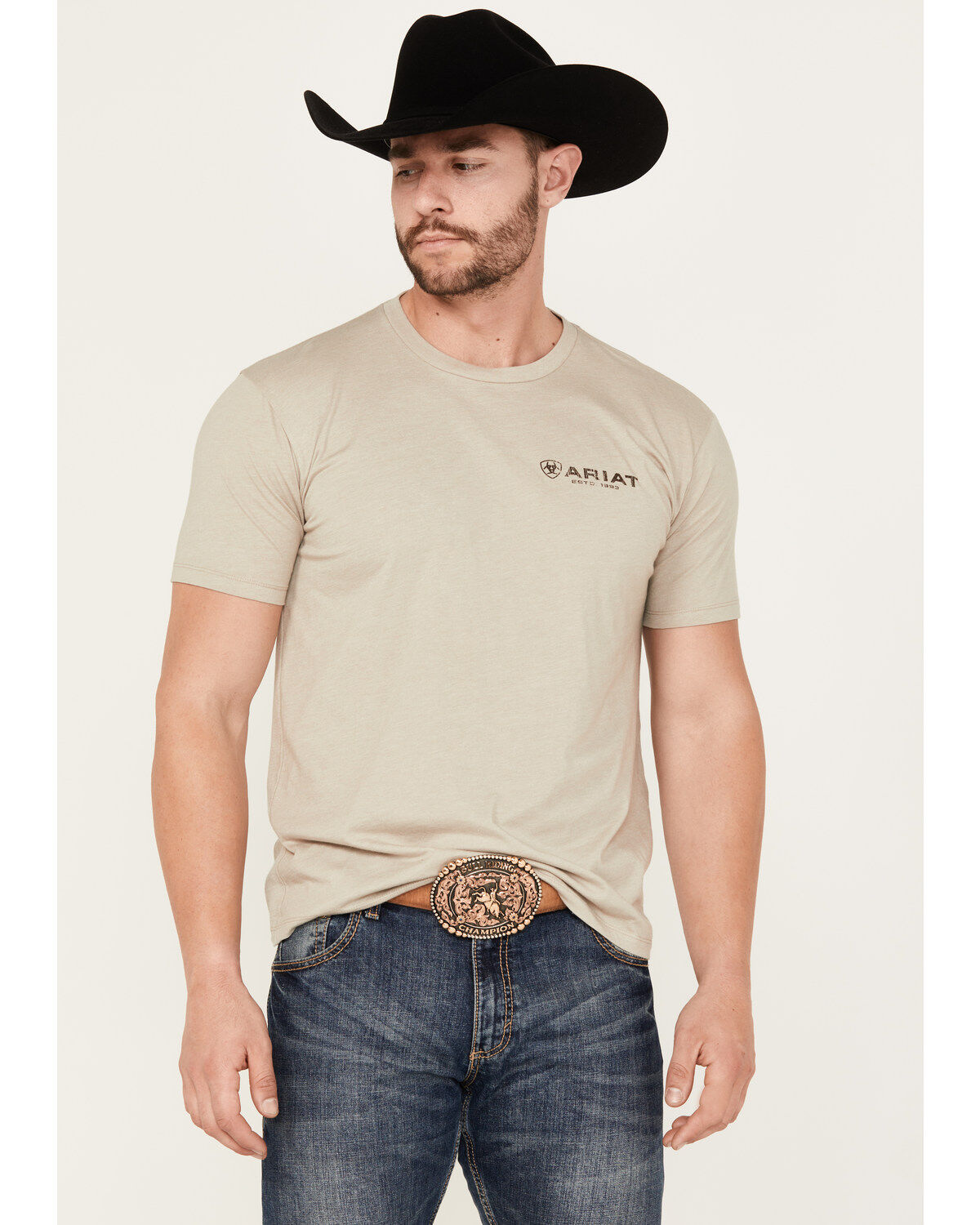 Ariat Men's Boot Barn Exclusive Zuni Flag Logo Short Sleeve Graphic T-Shirt, Tan, hi-res