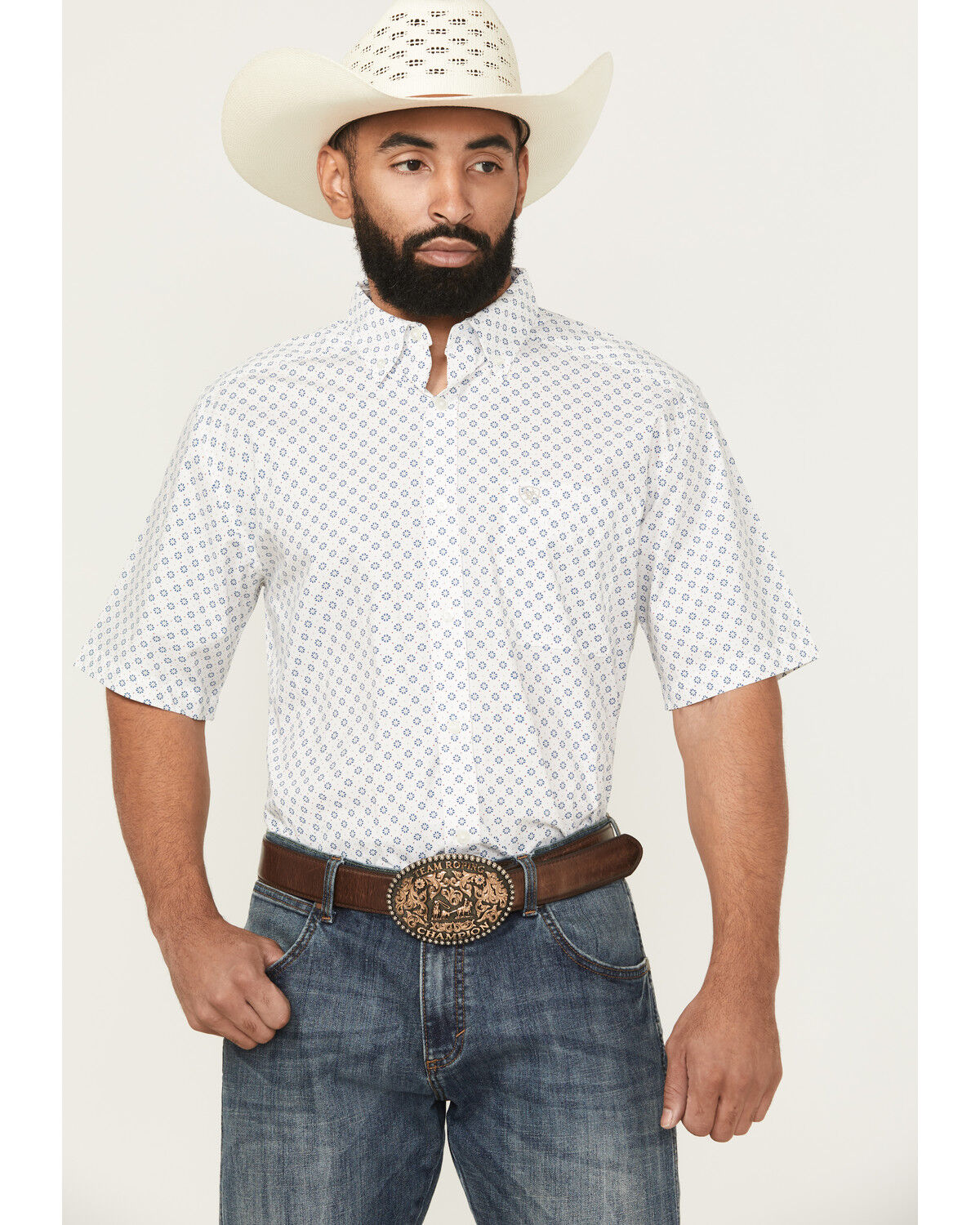 Ariat Men's Shawn Geo Print Short Sleeve Button-Down Western Shirt, White, hi-res