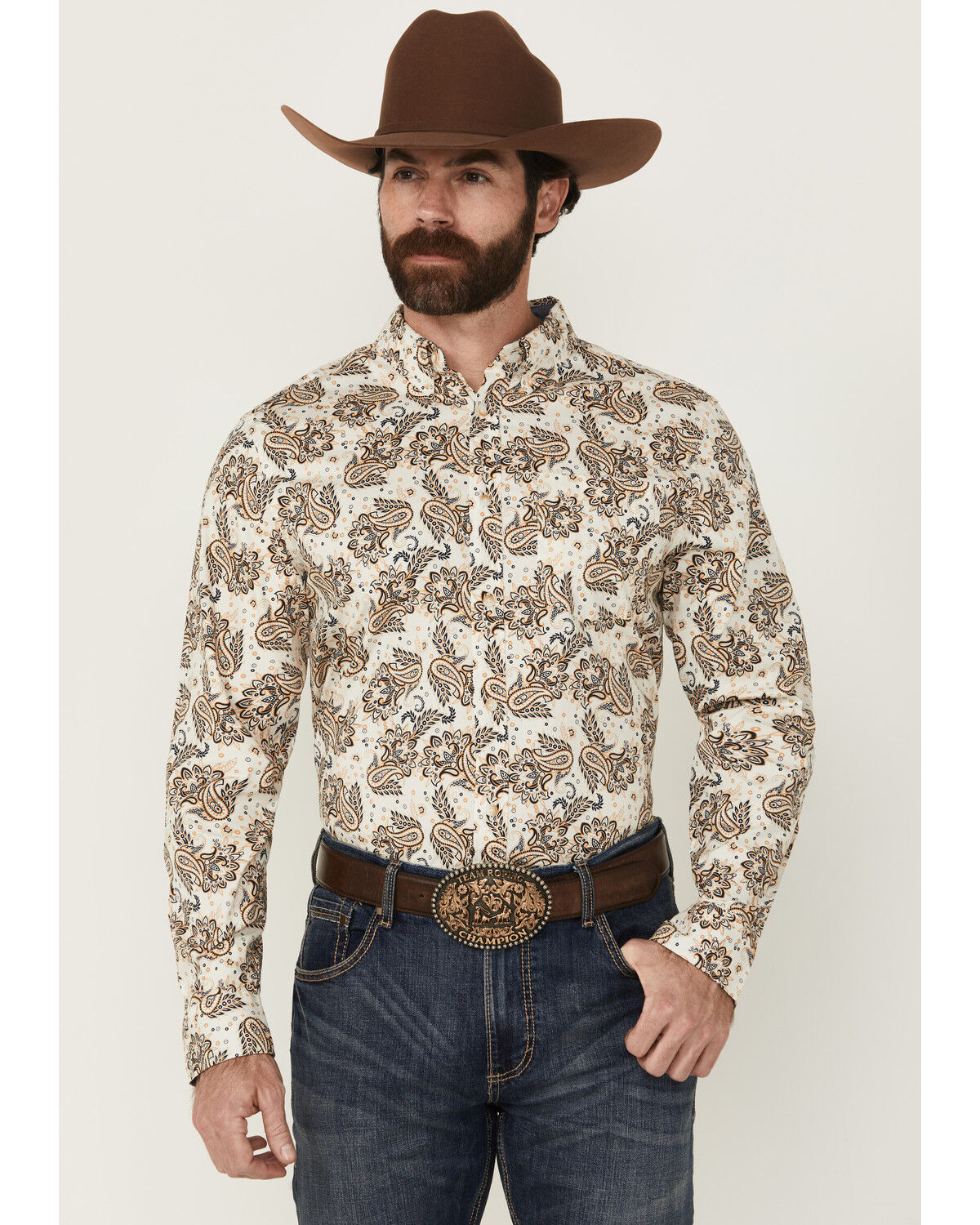 Image #1 - Cody James Men's Kendall Paisley Print Long Sleeve Button-Down Stretch Western Shirt - Tall, Tan, hi-res