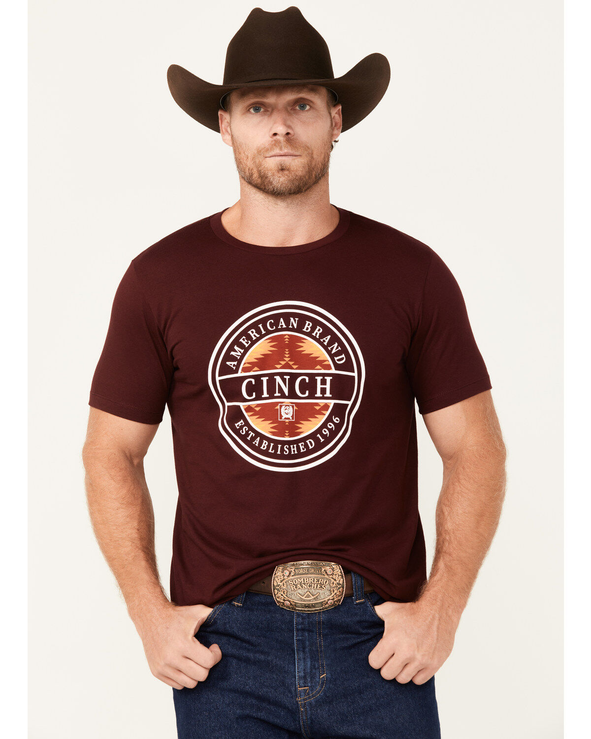 Image #1 - Cinch Men's Boot Barn Exclusive Southwestern Circle Logo Short Sleeve Graphic T-Shirt, Burgundy, hi-res