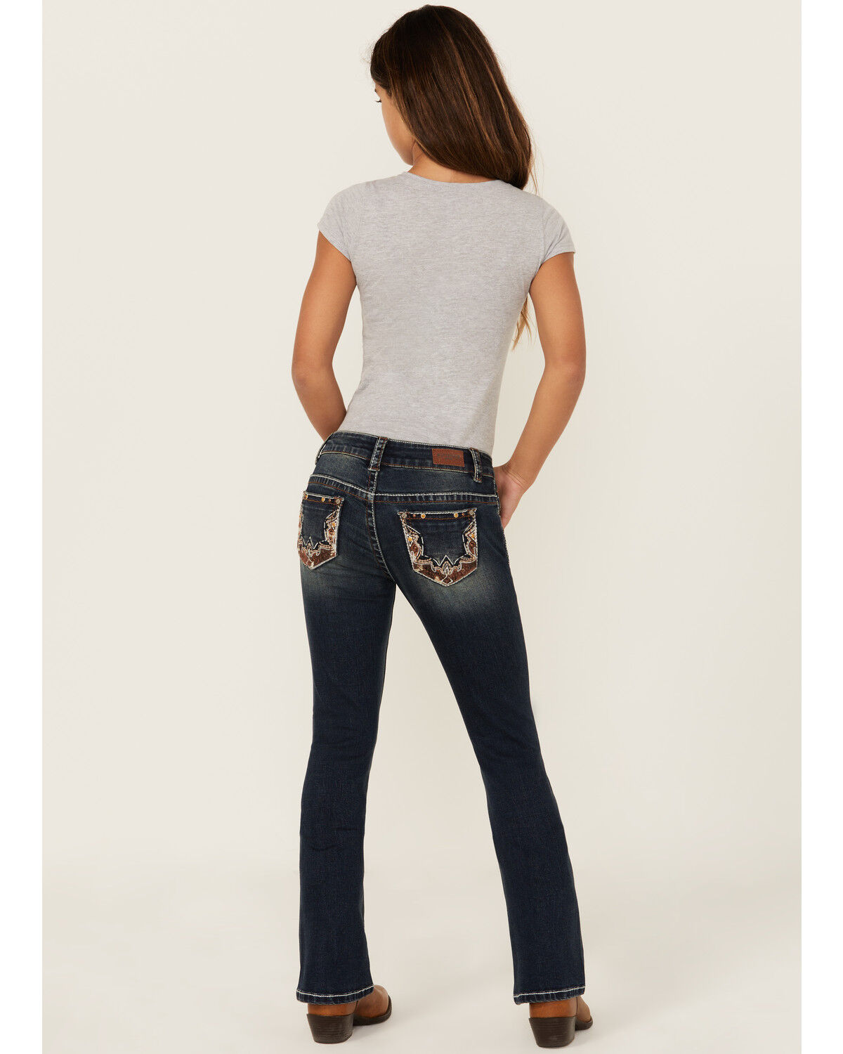 Shyanne Girls' Medium Wash Cowhide Pocket Bootcut Stretch Denim Jeans, Medium Wash, hi-res