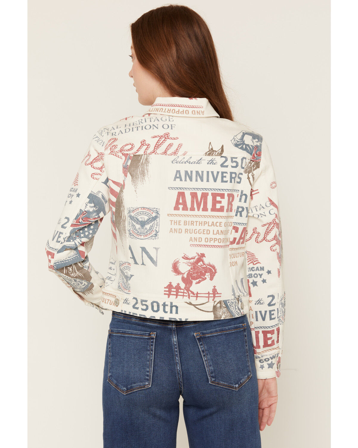 Image #4 - Shyanne Women's Vintage Cowboy Printed Denim Jacket, Ivory, hi-res