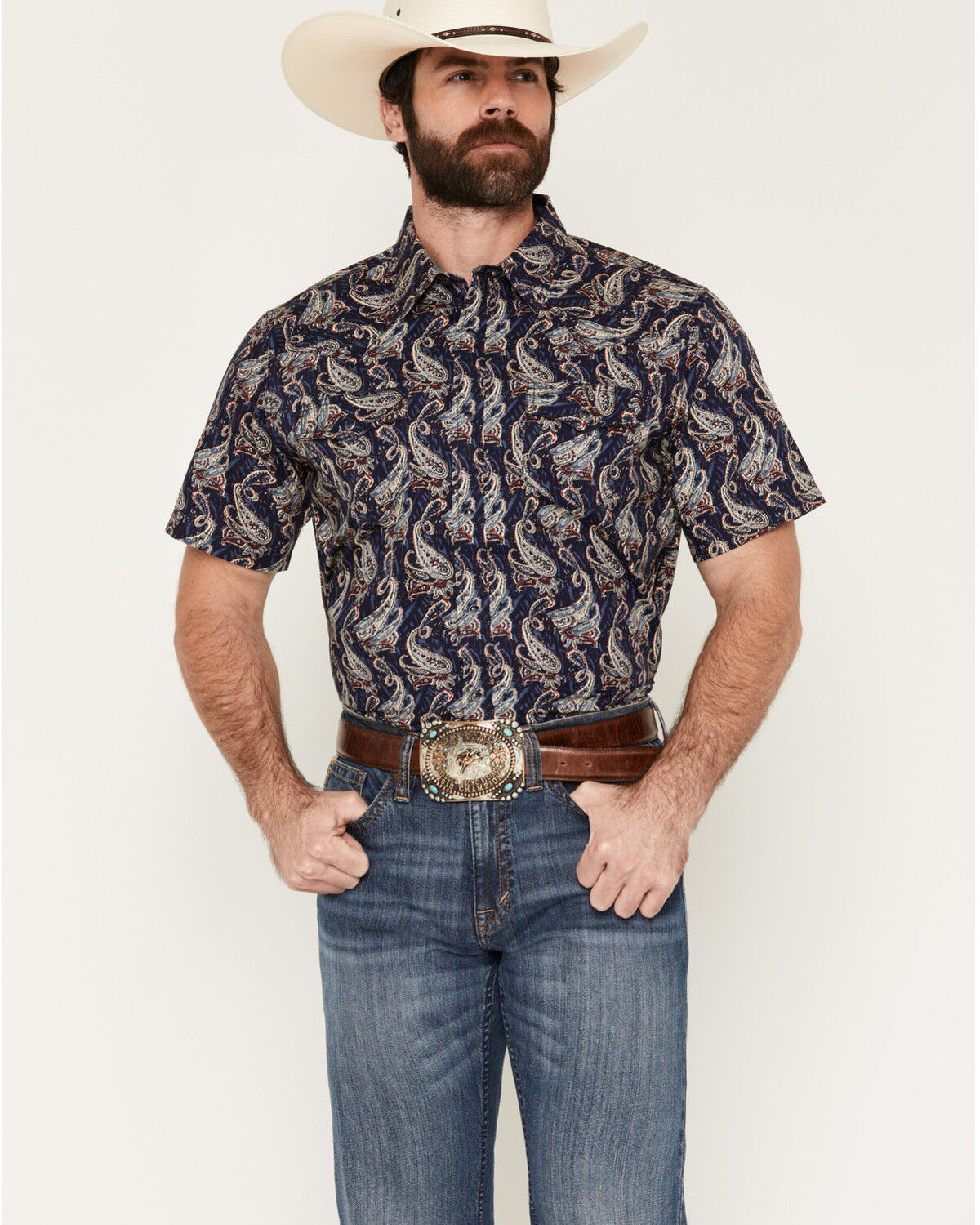 Image #1 - Cody James Men's Easy Livin' Paisley Print Short Sleeve Snap Western Shirt - Big, Navy, hi-res