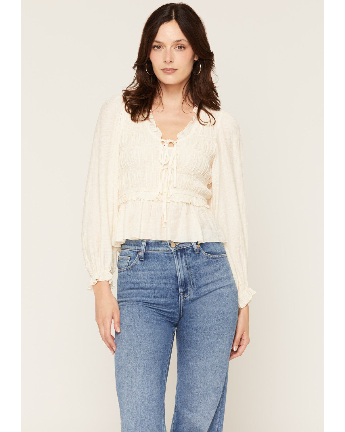 Image #1 - Yura Women's Solid Smocked Long Sleeve Tie-Front Shirt, Cream, hi-res