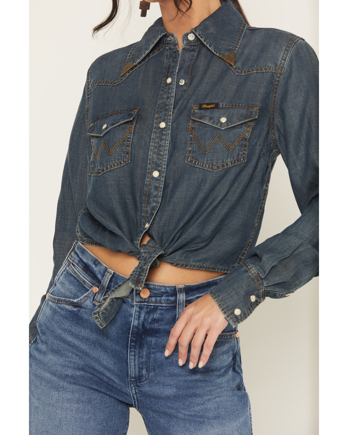 Image #3 - Wrangler X Lainey Wilson Women's Dark Wash Long Sleeve Snap Tie Front Western Shirt, Dark Wash, hi-res