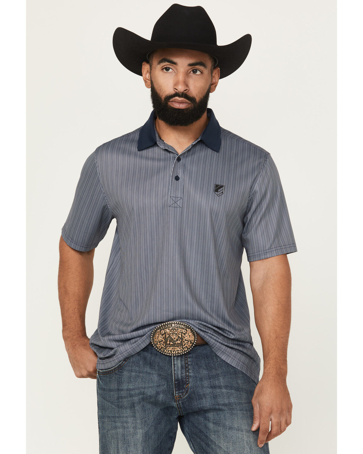 Image #1 - RANK 45&reg; Men's Railroad Striped Short Sleeve Polo, Light Blue, hi-res