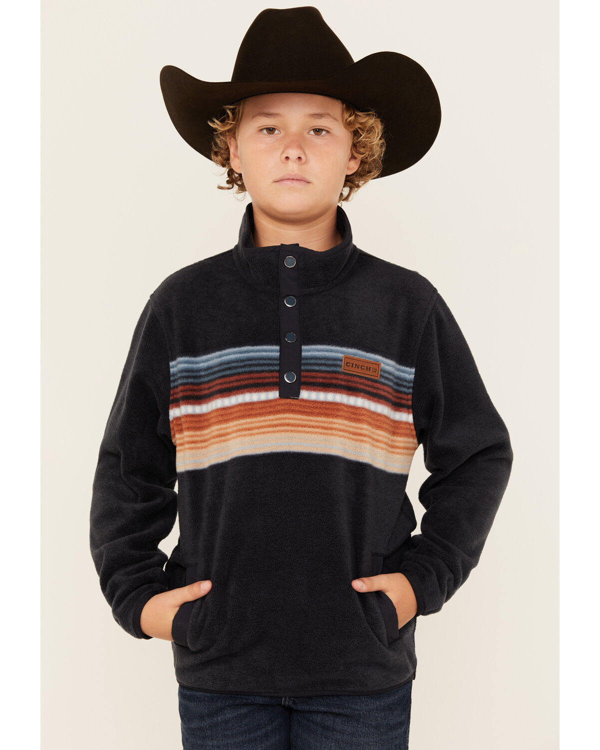 Image #1 - Cinch Boy's Striped Polar Fleece Pullover, Navy, hi-res
