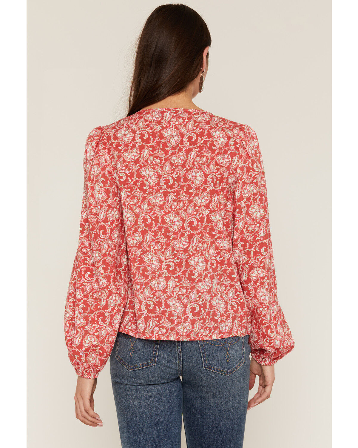 Image #4 - Panhandle Women's Floral Paisley Print Long Sleeve Peasant Top, Red, hi-res