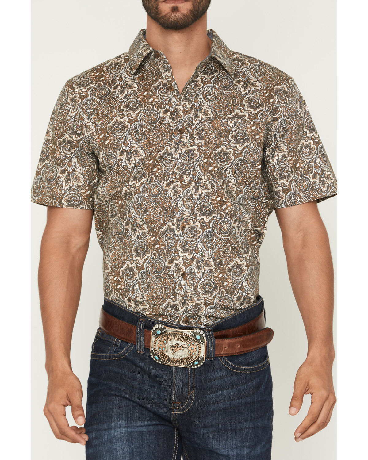 Image #3 - Cody James Men's Wells Floral Paisley Print Short Sleeve Button-Down Stretch Western Shirt, Rust Copper, hi-res