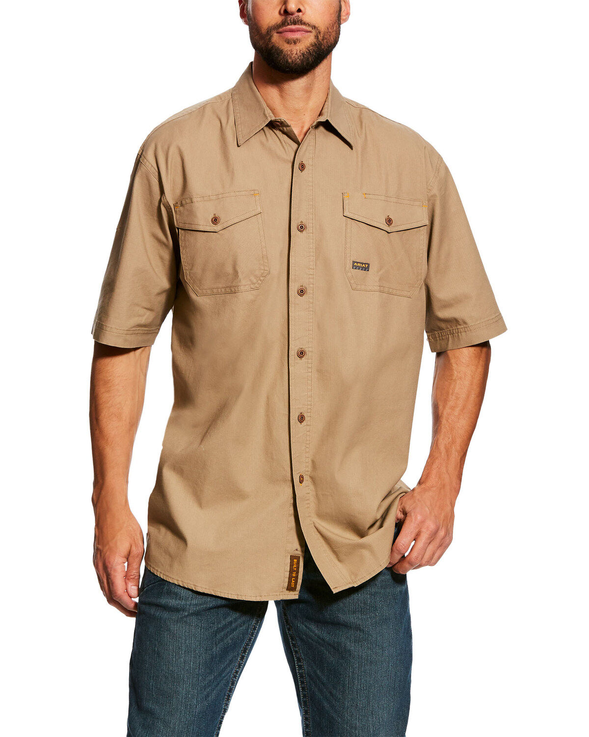 Image #1 - Ariat Men's Khaki Rebar Made Tough Vent Short Sleeve Work Shirt - Tall, Beige/khaki, hi-res