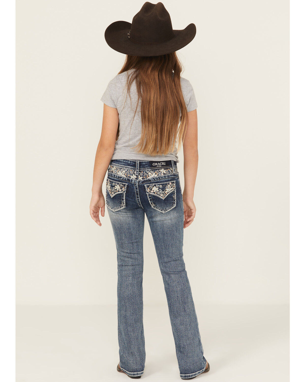 Grace In LA Girls' Medium Wash Floral Embroidered Faux Flap Pocket Bootcut Stretch Denim Jeans, Blue, hi-res