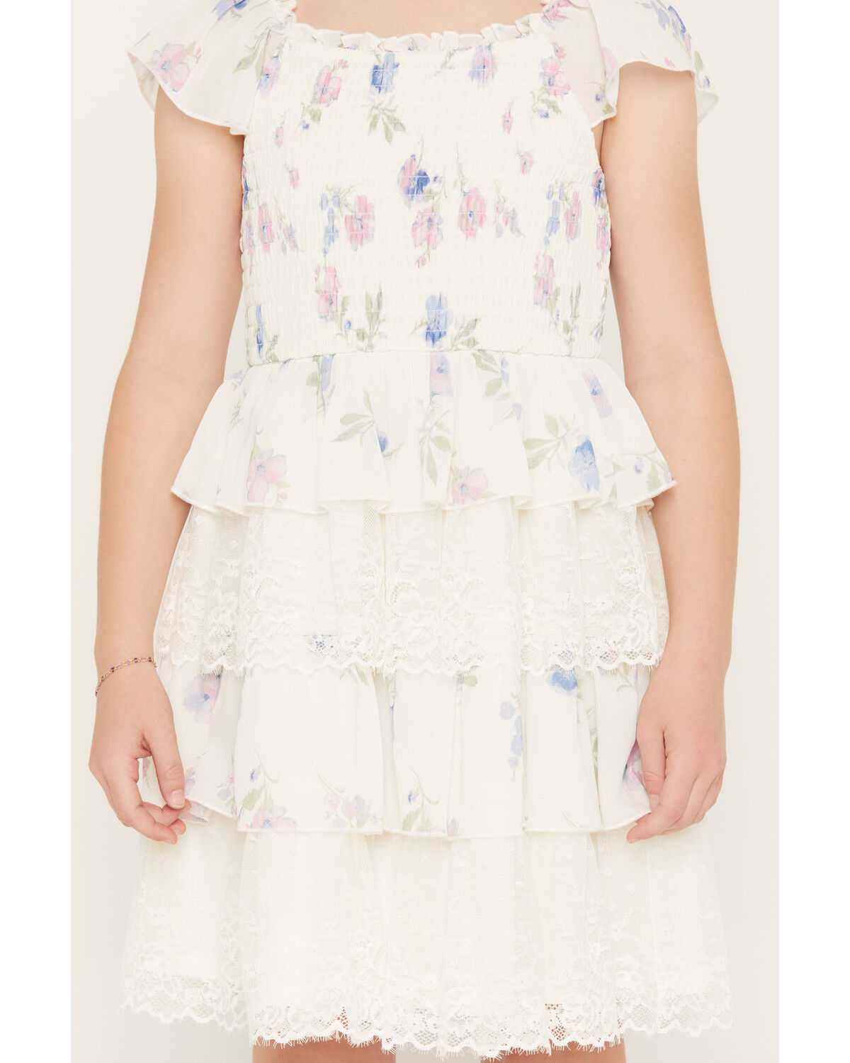 Image #3 - Sugar California Girls' Floral Print Lace Short Sleeve Dress, Ivory, hi-res