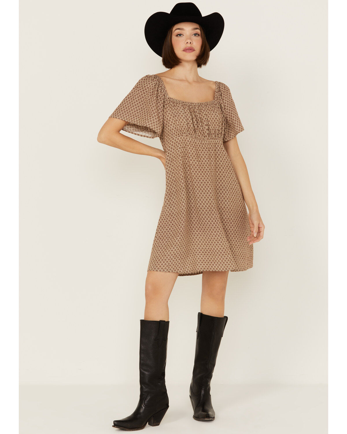 Cleo + Wolf Women's Arlo Flutter Sleeve Printed Mini Dress, Chocolate, hi-res