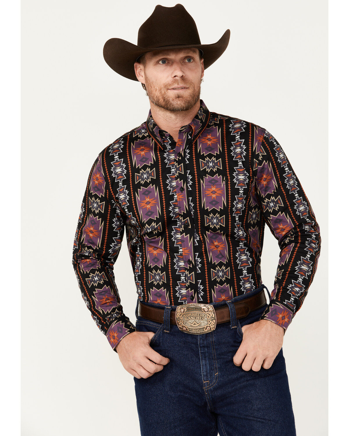 Image #1 - RANK 45&reg; Men's Great Fall Southwestern Print Long Sleeve Button-Down Western Shirt, Black, hi-res