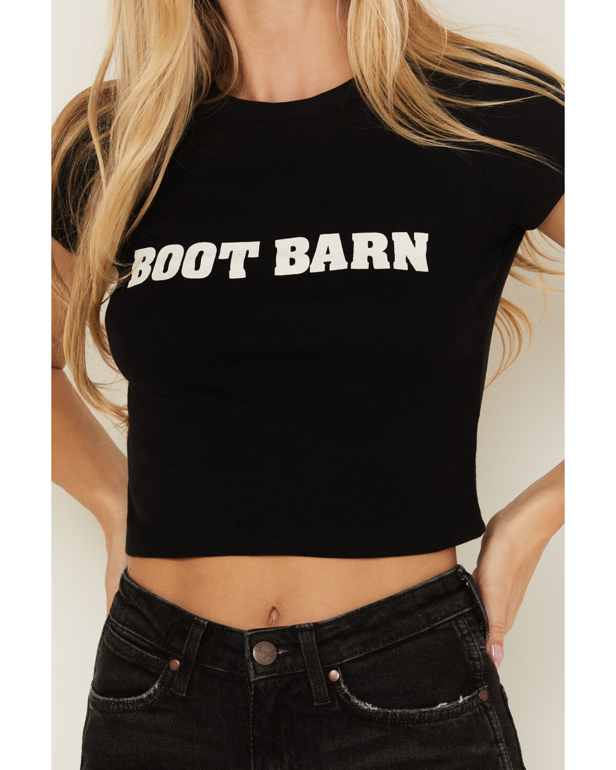 Image #3 - Boot Barn Women's Logo Short Sleeve Graphic Baby Tee, Black, hi-res