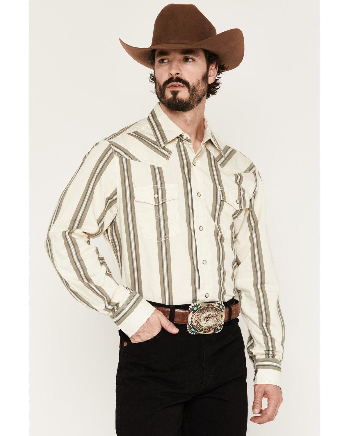 Image #1 - Wrangler Retro Men's Premium Striped Long Sleeve Snap Western Shirt, Cream, hi-res