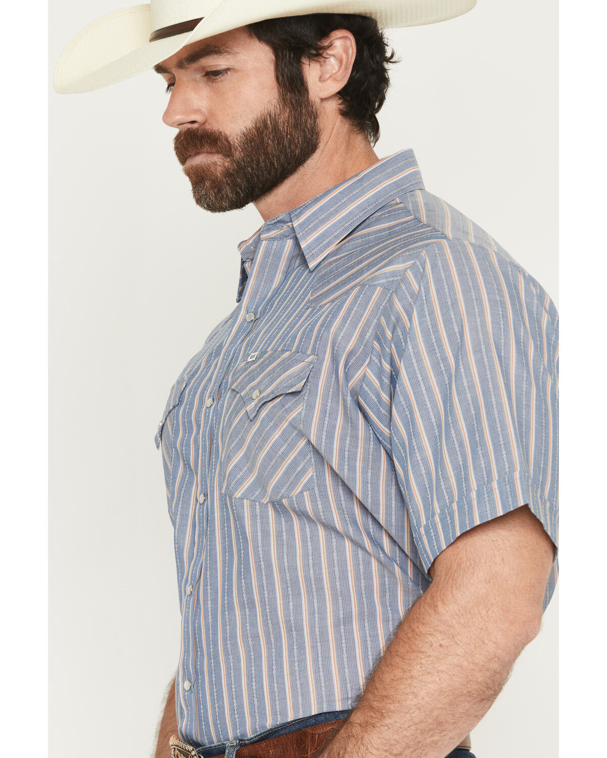 Image #2 - Ely Walker Men's Barbed Wire Striped Short Sleeve Pearl Snap Western Shirt, Blue, hi-res