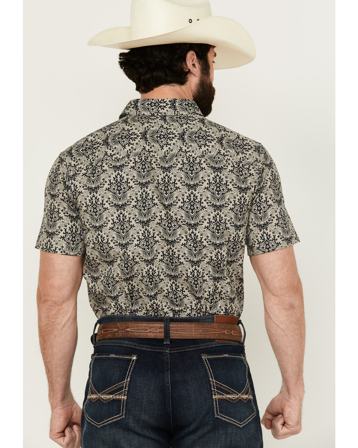 Image #4 - Gibson Men's Queen of Spades Medallion Print Short Sleeve Button-Down Western Shirt, Tan, hi-res