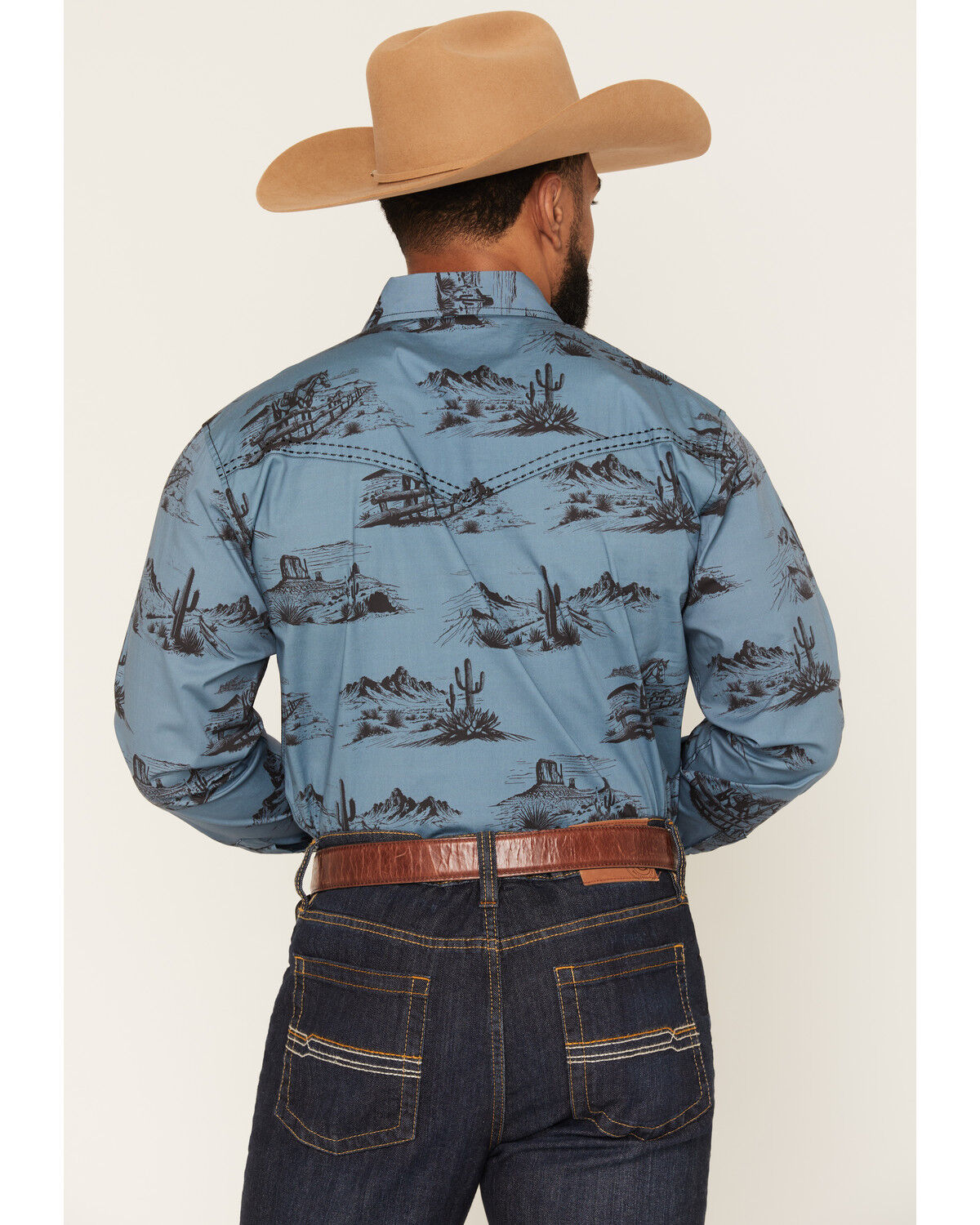 Image #4 - Cowboy Hardware Men's Western Scenery Print Long Sleeve Snap Stretch Western Shirt, Indigo, hi-res