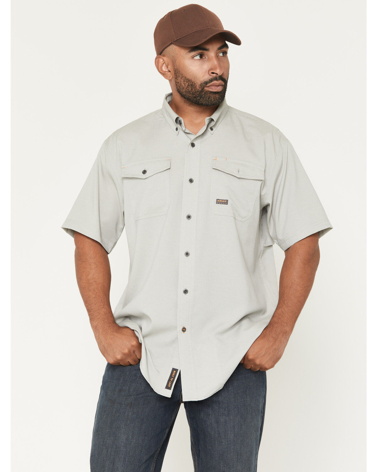 Ariat Men's Rebar Made Tough VentTEK Short Sleeve Button-Down Stretch Work Shirt, Light Grey, hi-res
