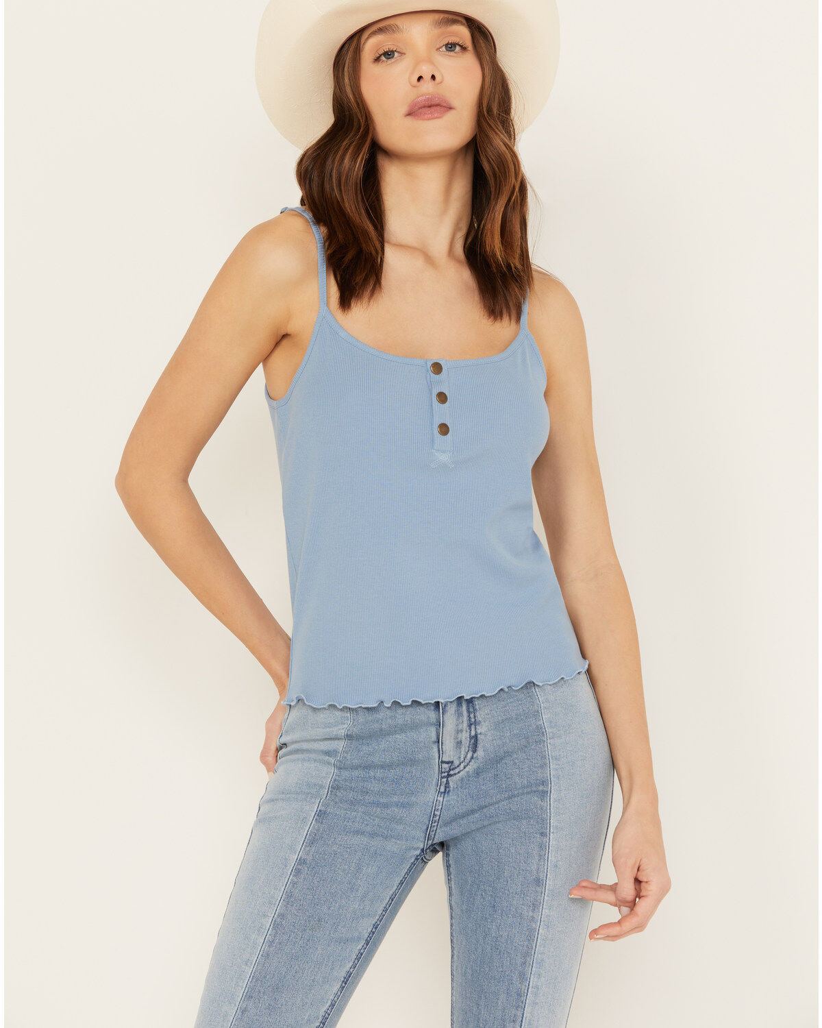 Cleo + Wolf Women's Rib Knit Henley Tank, Medium Blue, hi-res