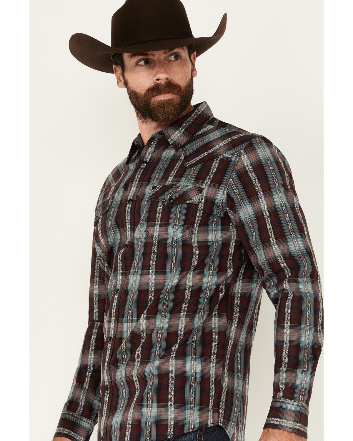 Image #2 - Moonshine Spirit&reg; Men's Lone Horn Plaid Print Long Sleeve Snap Western Shirt, Burgundy, hi-res