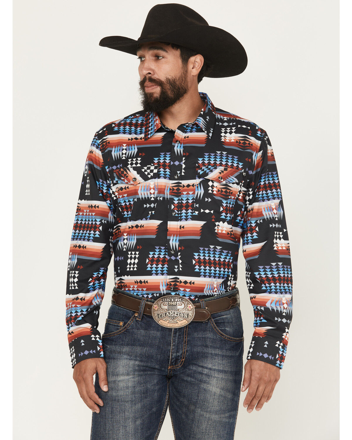 Image #1 - RANK 45&reg; Men's Nate Southwestern Print Long Sleeve Snap Performance Western Shirt, Black, hi-res