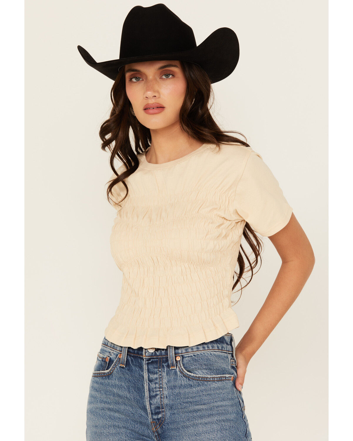 Cleo + Wolf Women's Shirred Short Sleeve Shirt, Oatmeal, hi-res
