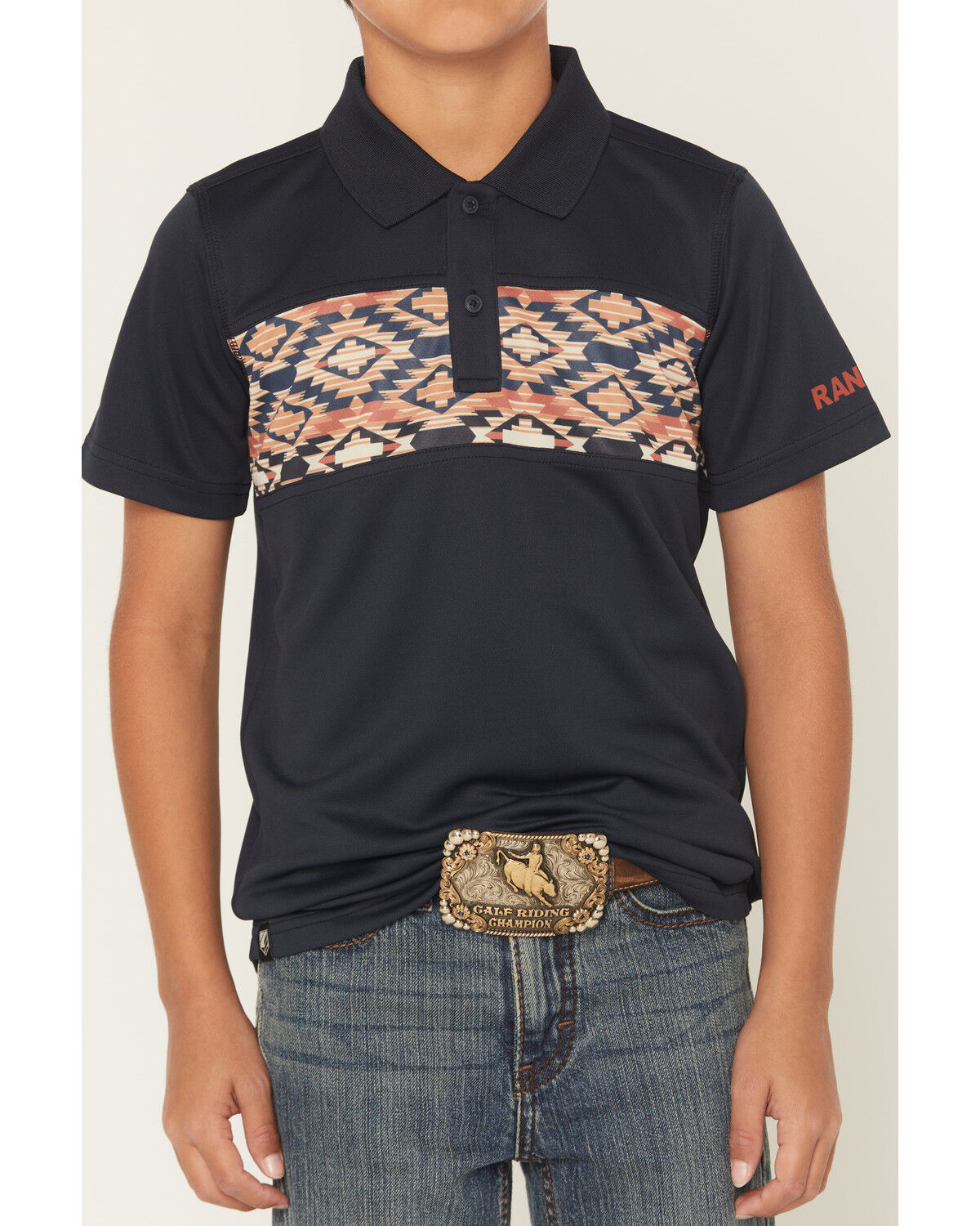 Image #3 - RANK 45&reg; Boys' Southwestern Border Short Sleeve Button-Down Polo Shirt, Navy, hi-res
