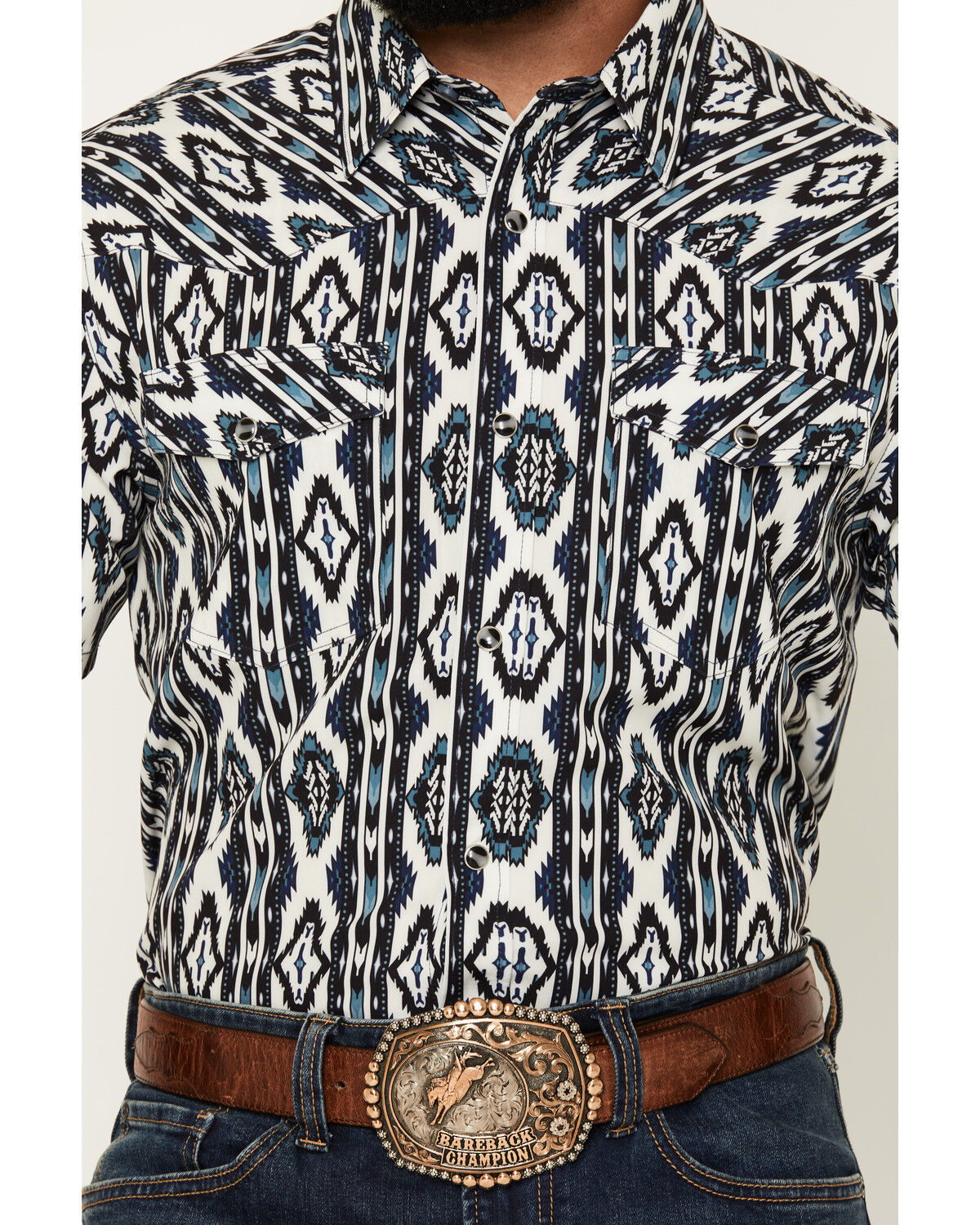 Image #3 - RANK 45&reg; Men's Rodeo Tech 2.0 8 Seconds Southwestern Print Short Sleeve Snap Stretch Performance Shirt, Blue, hi-res
