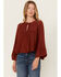 Image #1 - Cleo + Wolf Women's Lace Front Long Sleeve Peasant Top, Brandy Brown, hi-res