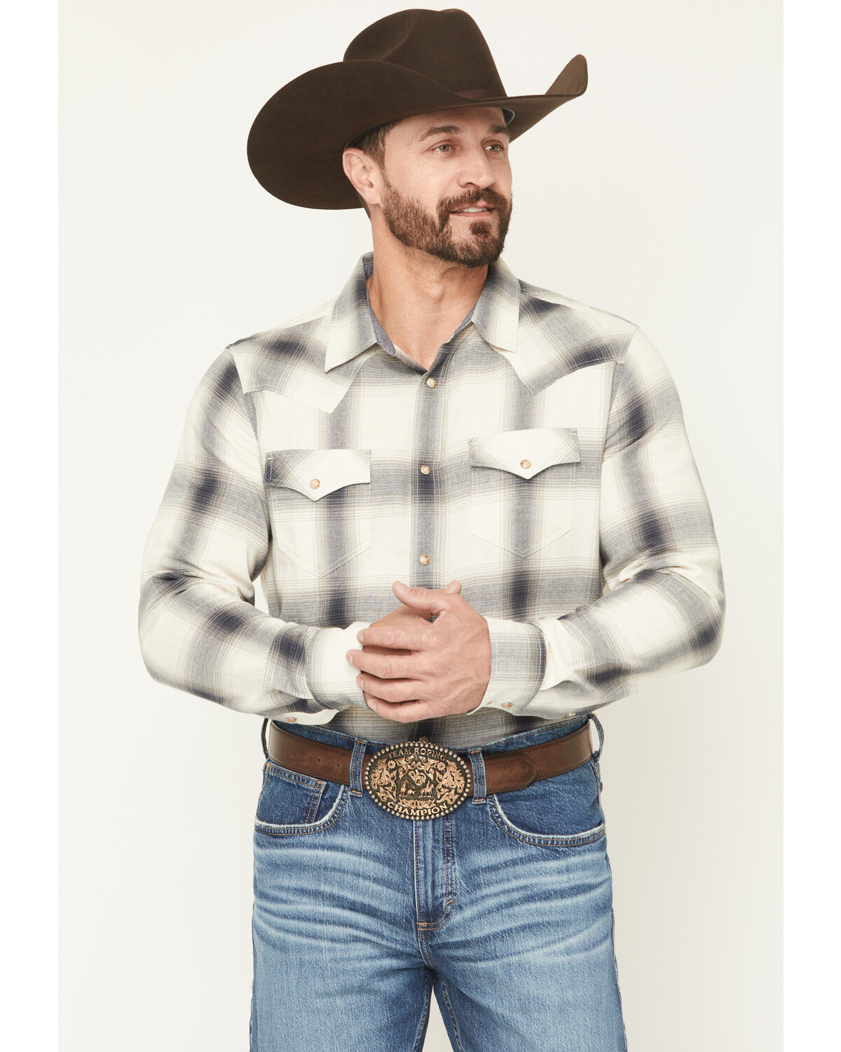 Image #1 - Cody James Men's Ruddiman Plaid Print Long Sleeve Snap Western Shirt - Tall, Cream, hi-res