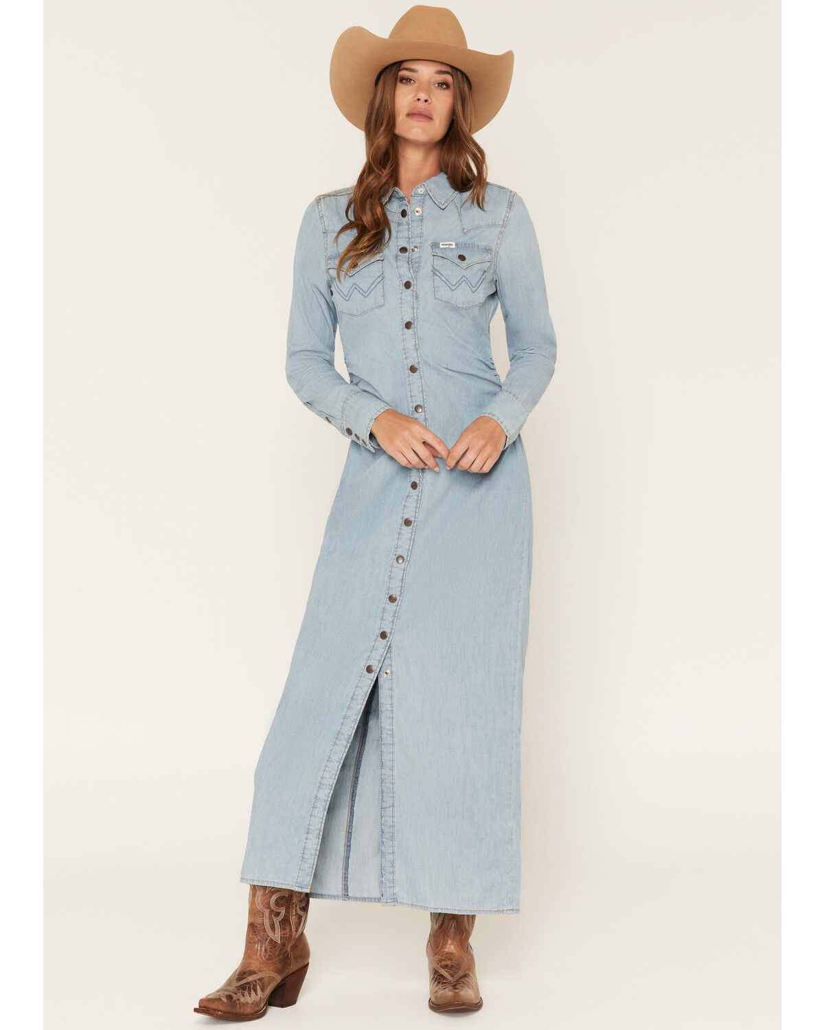 Image #1 - Wrangler Women's Light Wash Long Sleeve Cinched Waist Maxi Dress, Light Wash, hi-res