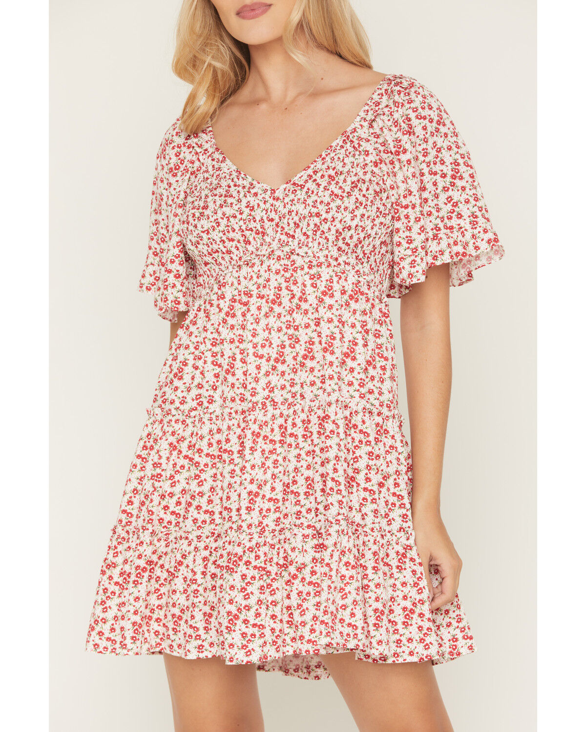Image #3 - Yura Women's Boot Barn Exclusive Ditsy Floral Smocked Mini Dress, Red, hi-res