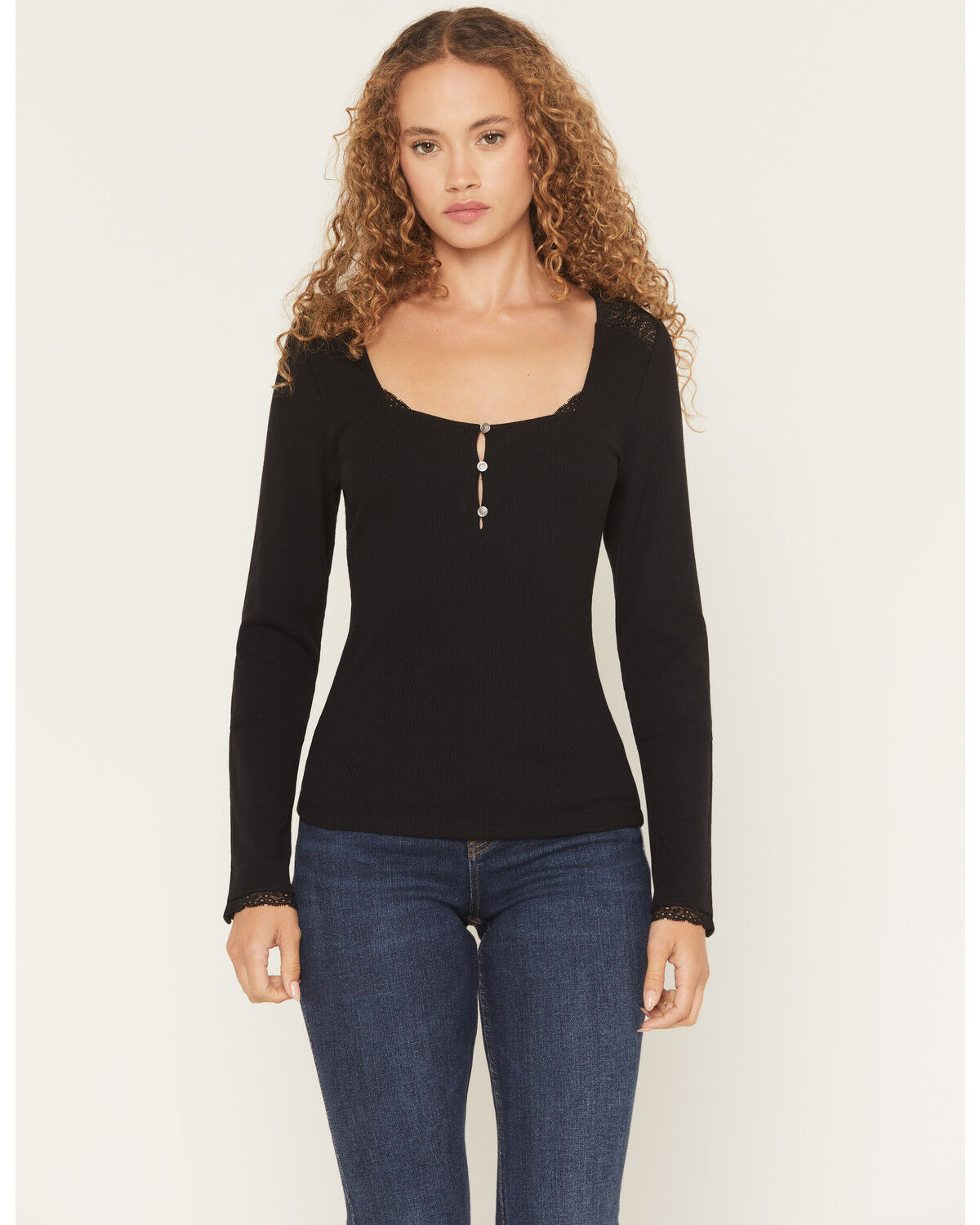 Idyllwind Women's Sugarhill Lace Long Sleeve Ribbed Shirt, Black, hi-res