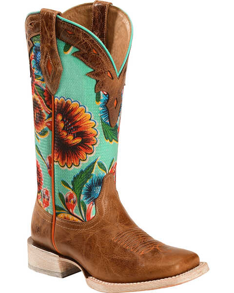 Image #1 - Ariat Women's Floral Textile Circuit Champion Western Boots - Broad Square Toe, Brown, hi-res