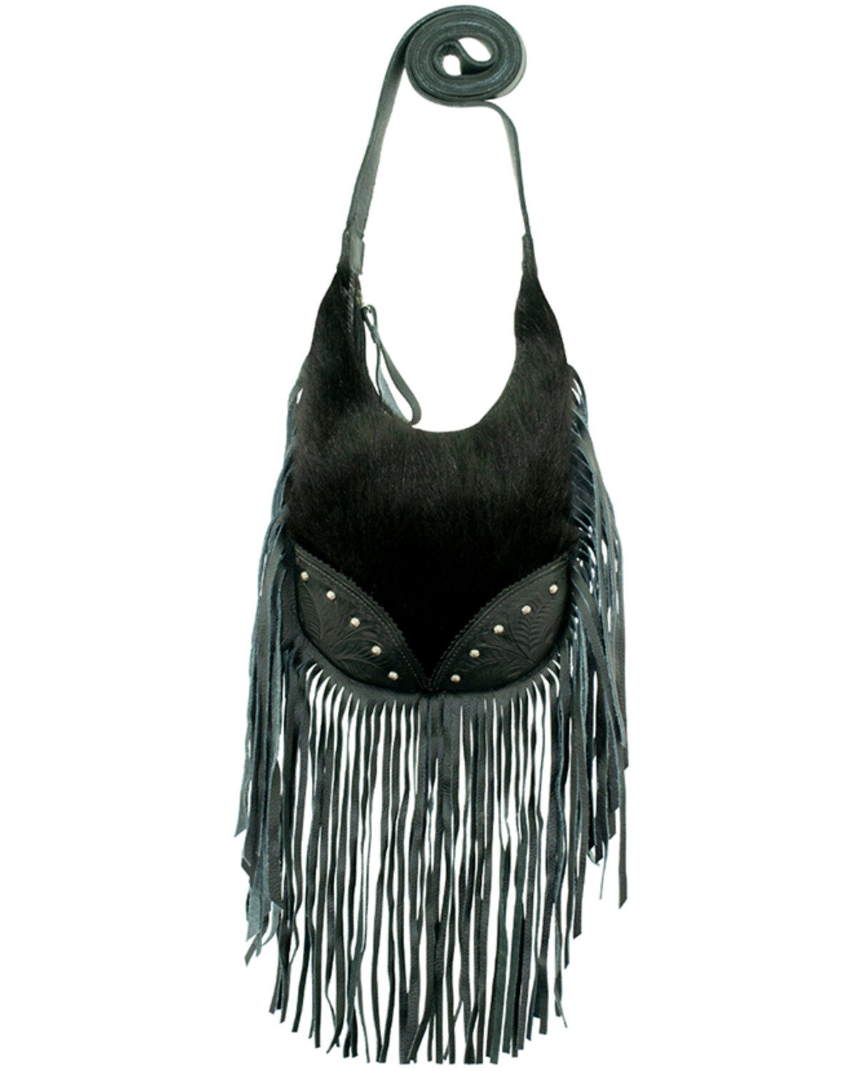 American West Women's Hair-On Studded Fringe Crossbody, Black, hi-res