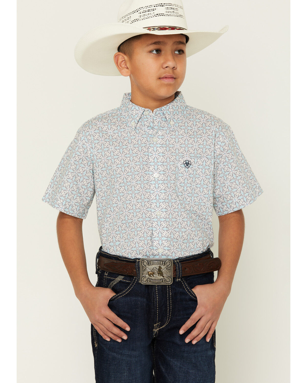 Ariat Boys' Southwestern Geo Print Short Sleeve Button-Down Western Shirt, Multi, hi-res