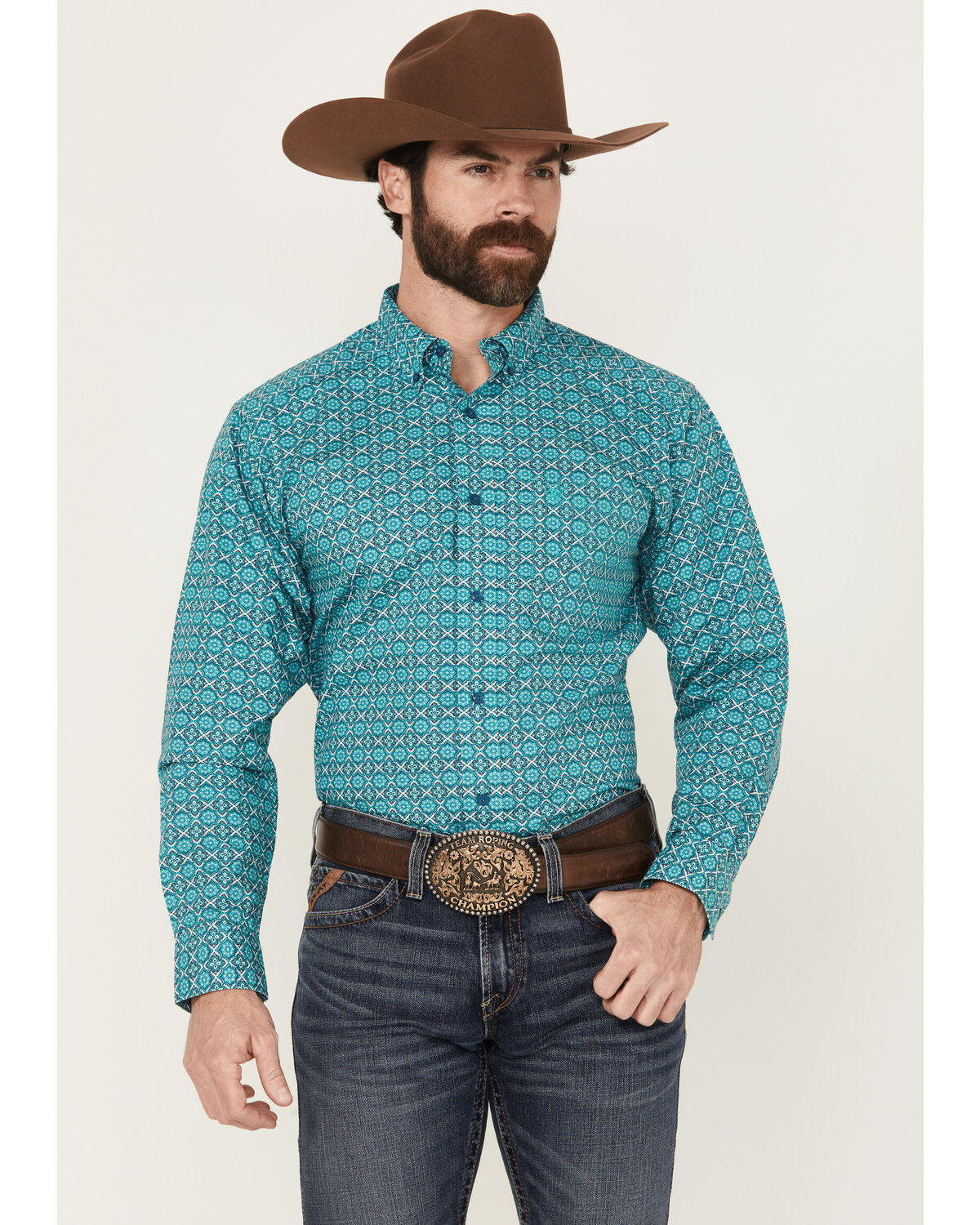 Ariat Men's Jordy Medallion Print Long Sleeve Button-Down Western Shirt, Turquoise, hi-res