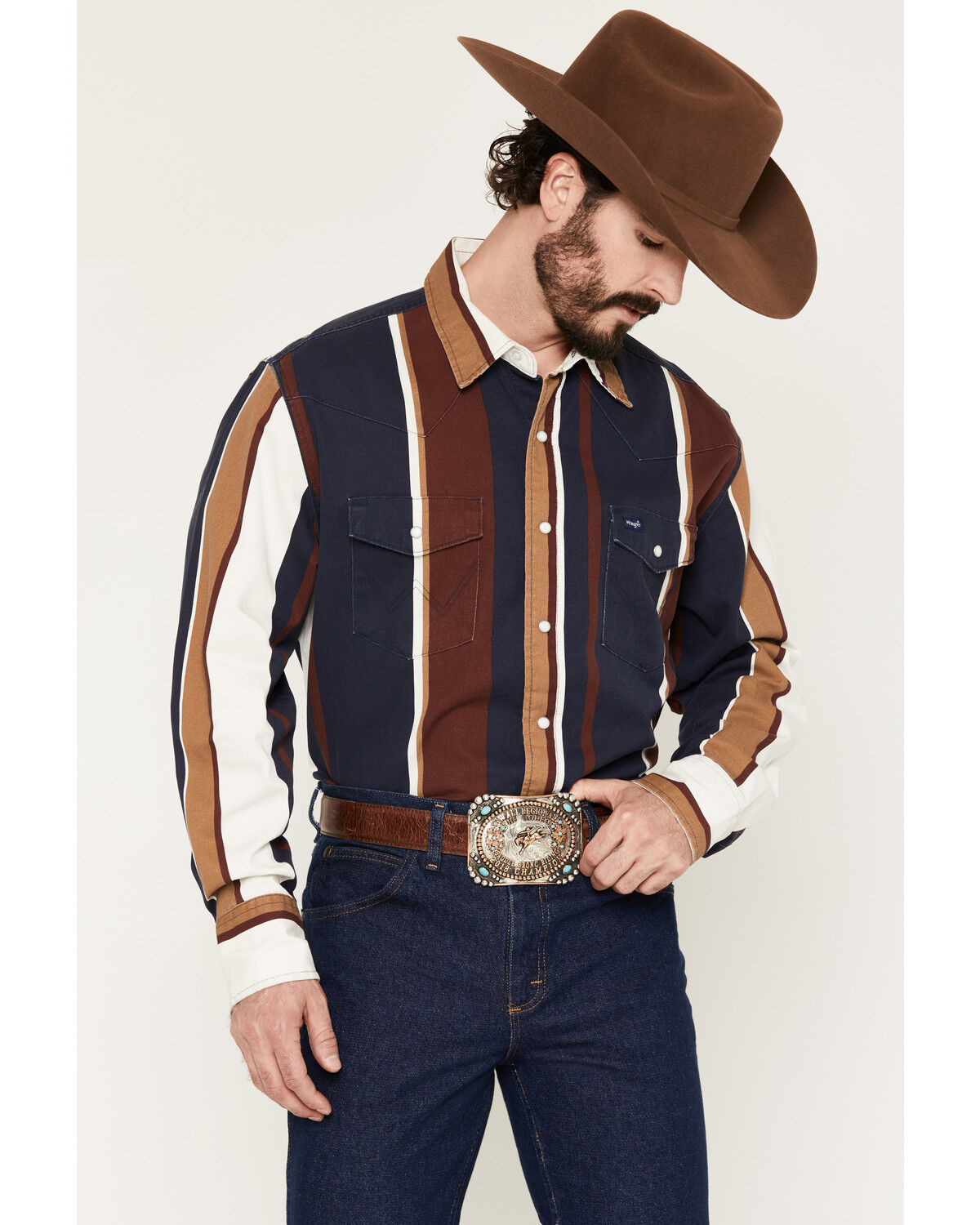 Image #1 - Wrangler Men's Vintage Brushpopper Striped Print Long Sleeve Snap Western Shirt, Navy, hi-res