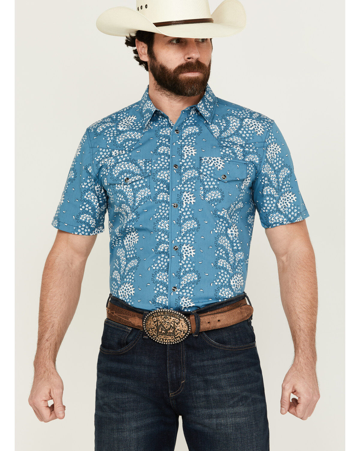 Image #1 - Gibson Men's Hayes Abstract Paisley Print Short Sleeve Snap Western Shirt, Light Blue, hi-res