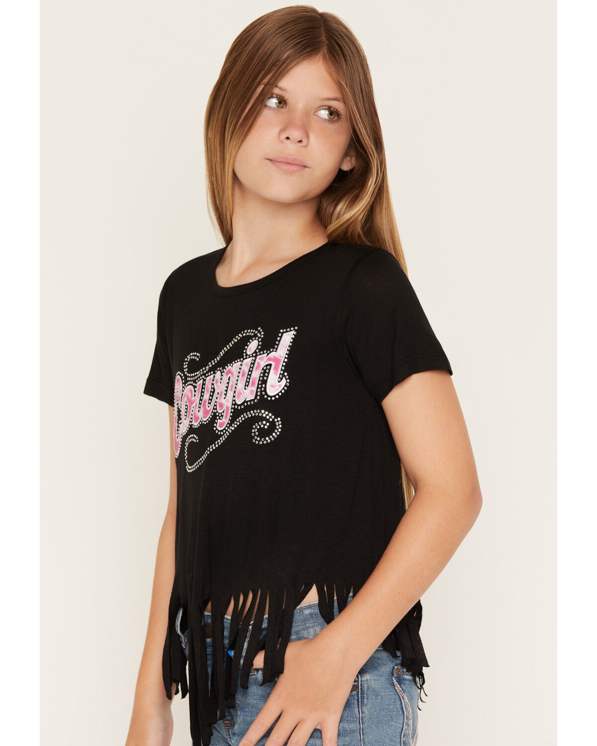 Image #2 - Cowgirl Hardware Girls' Sassy Cowgirl Embellished Fringe Short Sleeve Tee, Black, hi-res