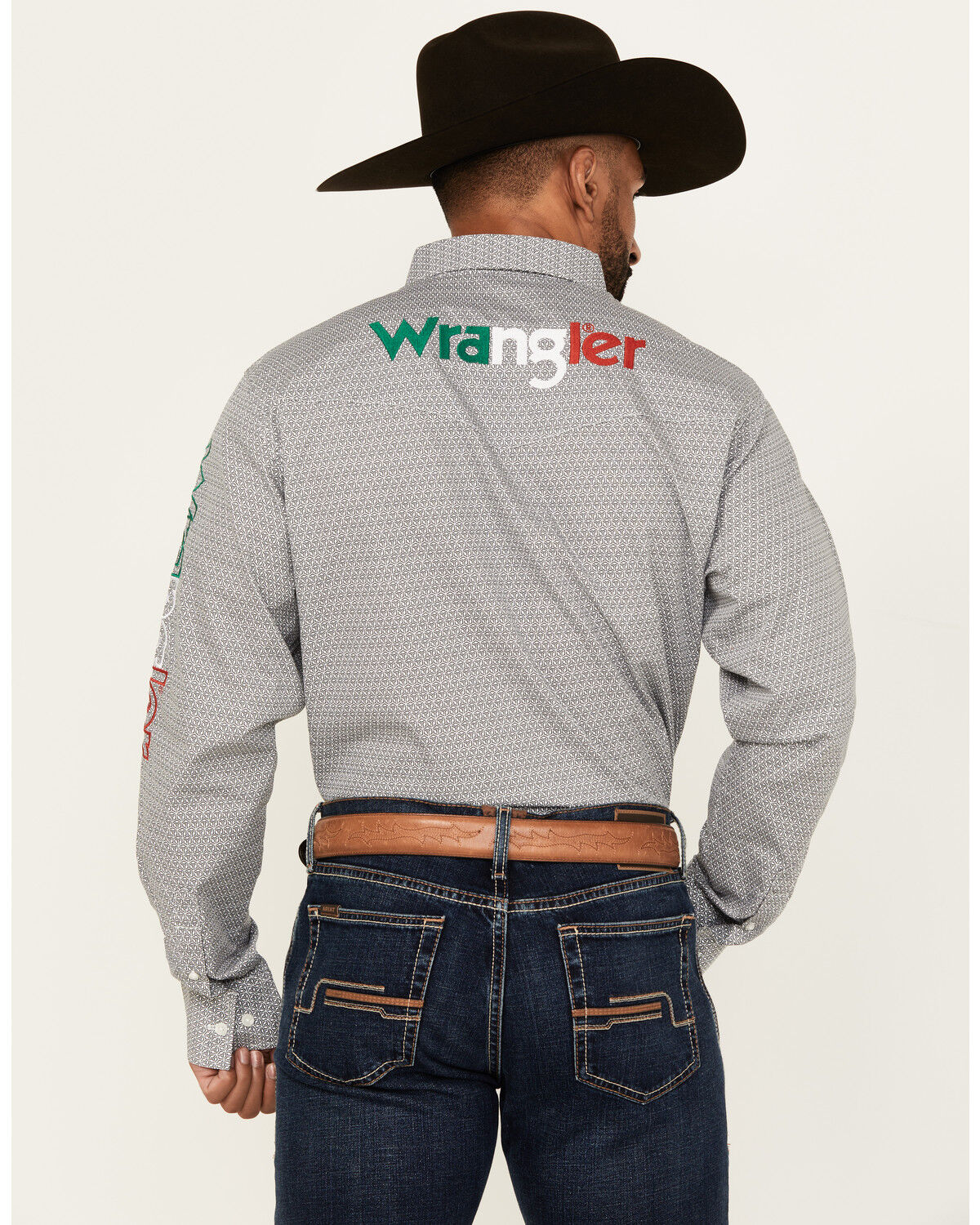 Image #4 - Wrangler Men's Mexico Flag Logo Geo Print Long Sleeve Button-Down Western Shirt, Grey, hi-res