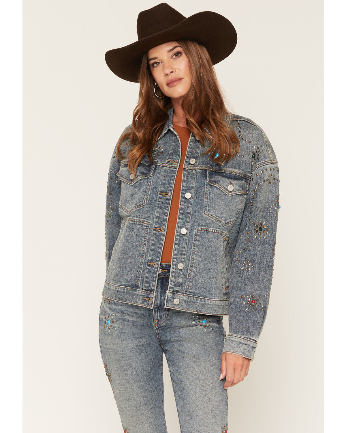 Image #1 - Shyanne Women's Spirit Studded Oversized Denim Jacket, Medium Wash, hi-res