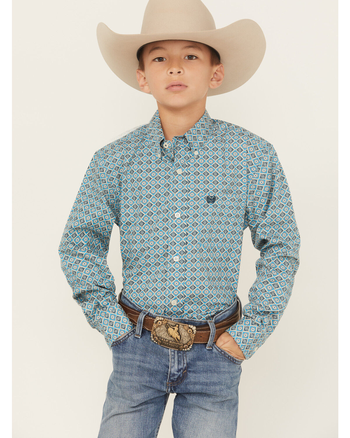 Cinch Boys' Printed Long Sleeve Button-Down Western Shirt, Blue, hi-res