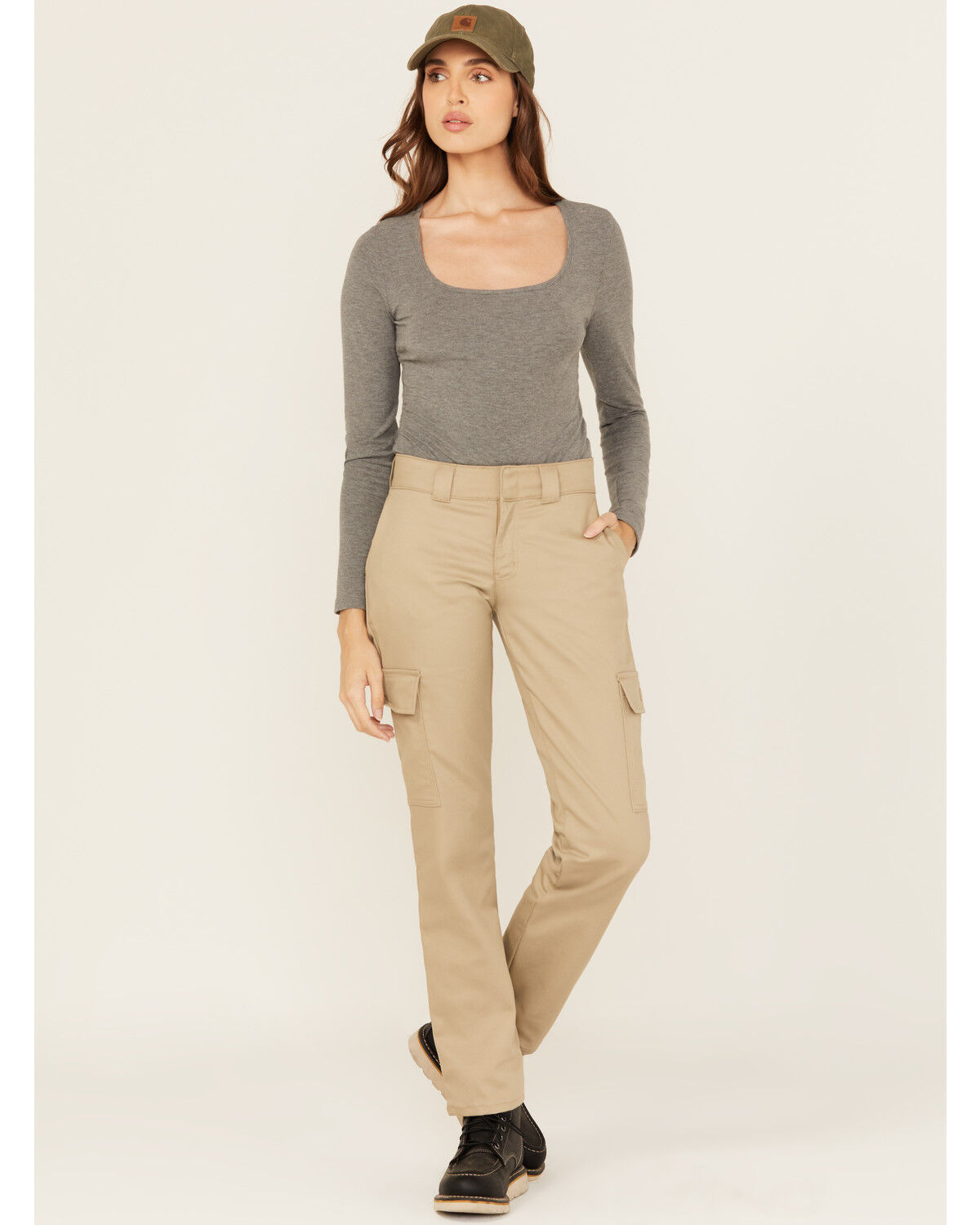 Image #1 - Dickies Women's Mid Rise Straight Stretch Twill Cargo Work Pants, Sand, hi-res